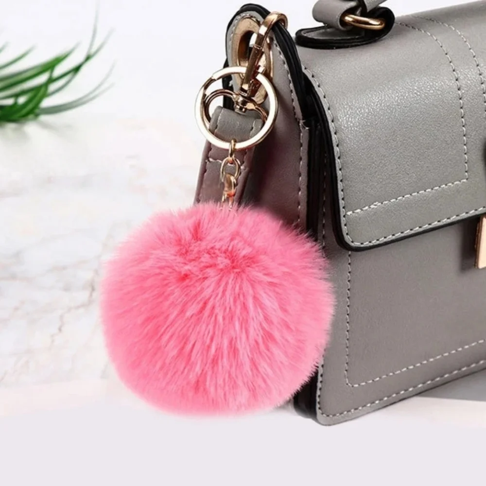 Soft Fluffy Yellow Faux Rabbit Fur Ball Gold Keychain Key Chain Bag Accessories
